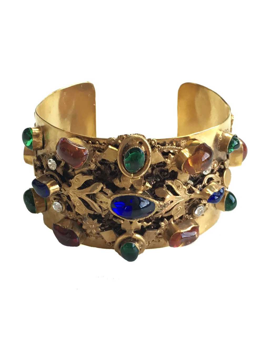 Manchette MARGUERITE de VALOIS en métal doré , pâte de verre multicolore et strass