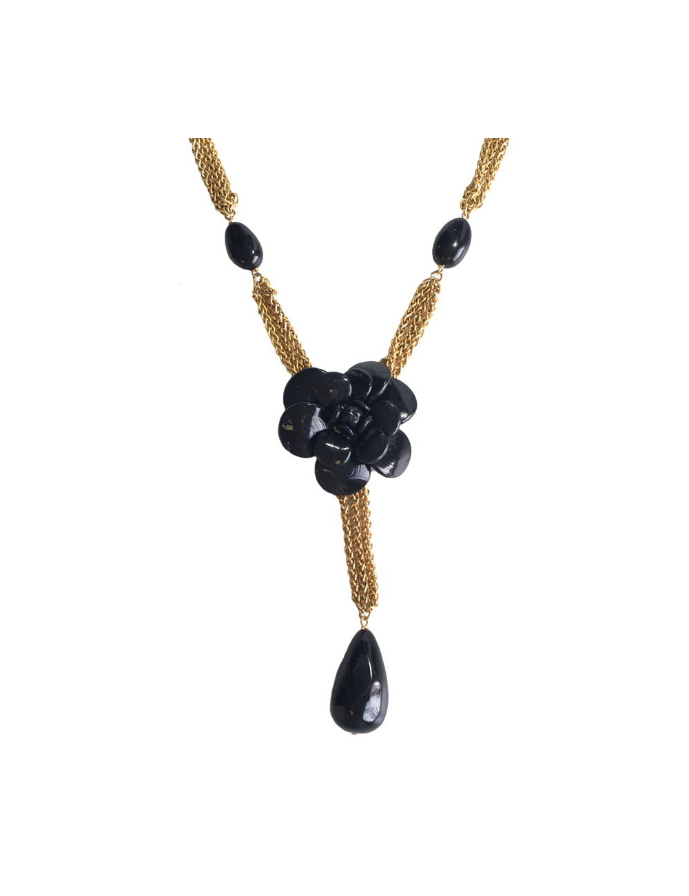 CHANEL Couture necklace qith gilded metal chain and black Camellia