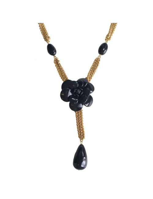 CHANEL Couture necklace qith gilded metal chain and black Camellia