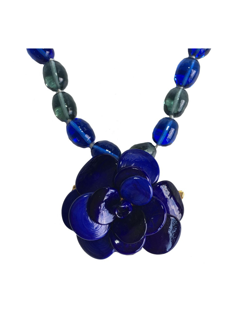 Collier MARGUERITE de VALOIS camélia en pâte de verre bleu