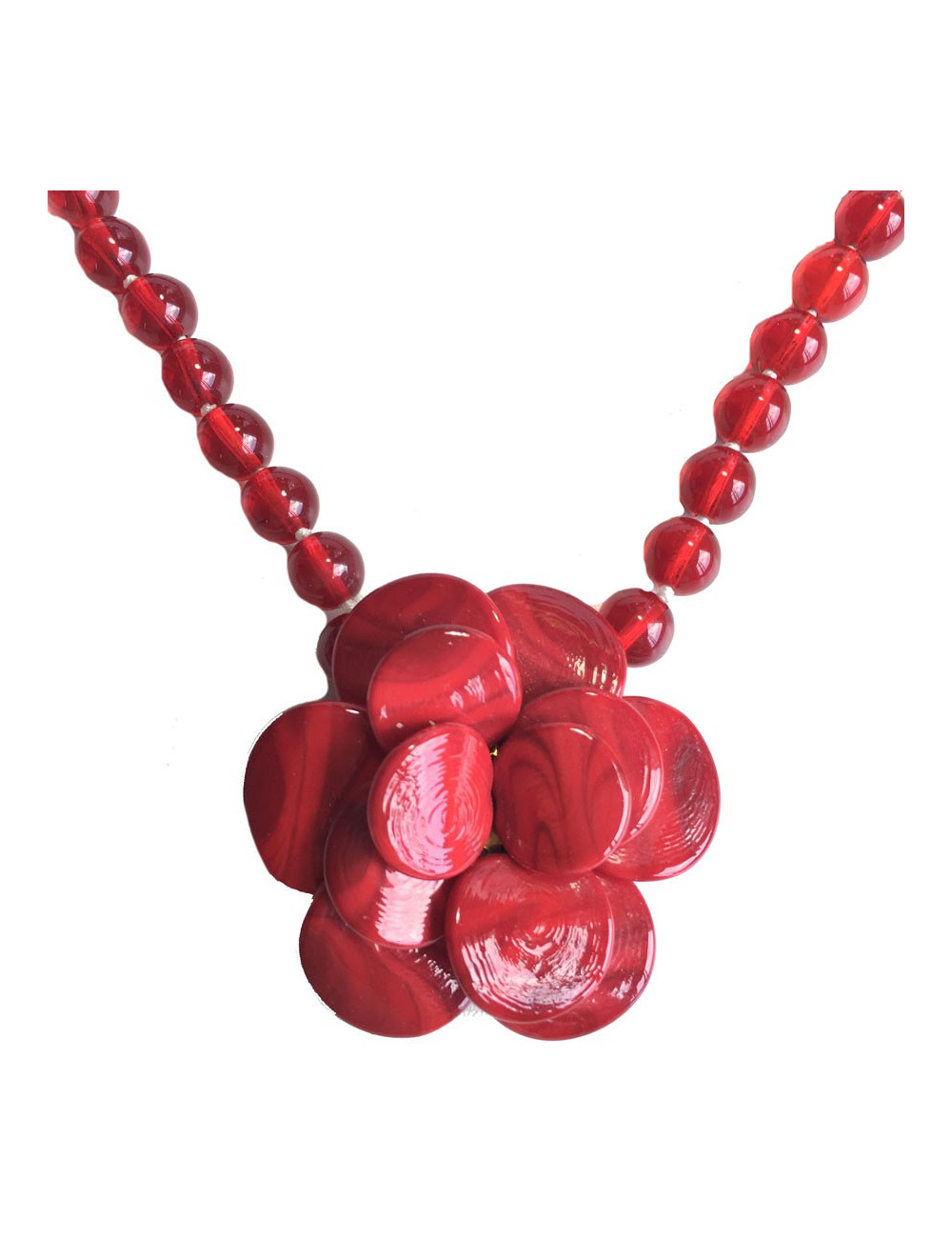 Collier MARGUERITE de VALOIS camélia en pâte de verre rouge