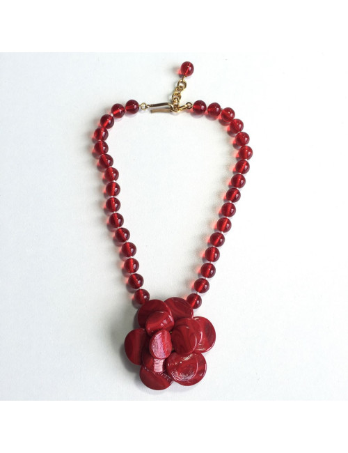 Collier MARGUERITE de VALOIS camélia en pâte de verre rouge