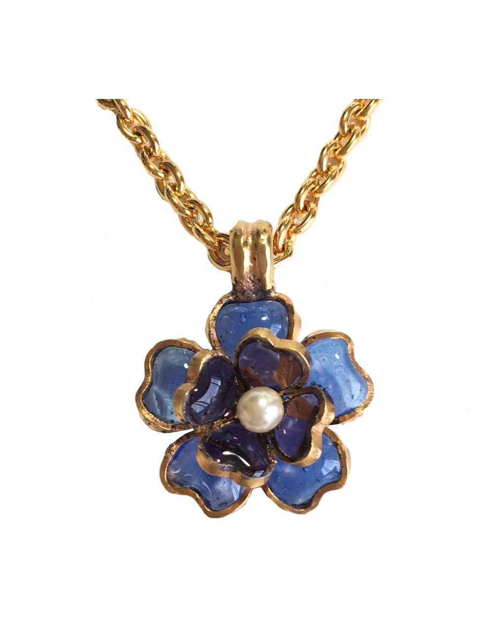 Collier MARGUERITE de VALOIS Fleurette en pâte de verre couleur saphir