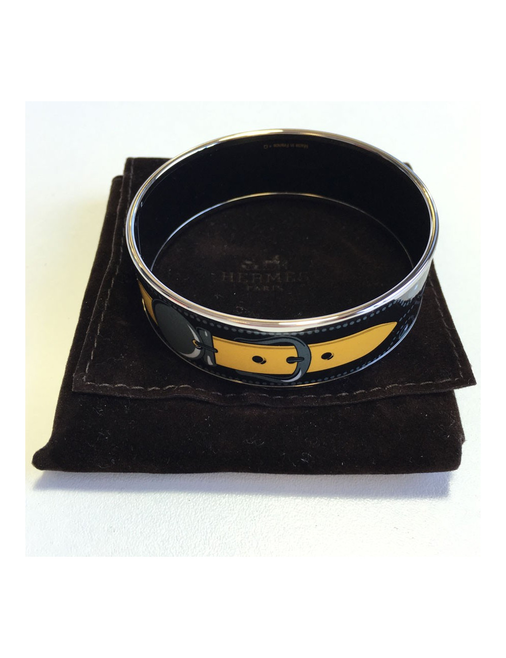 Bracelet HERMES en émail noir, jaune et gris