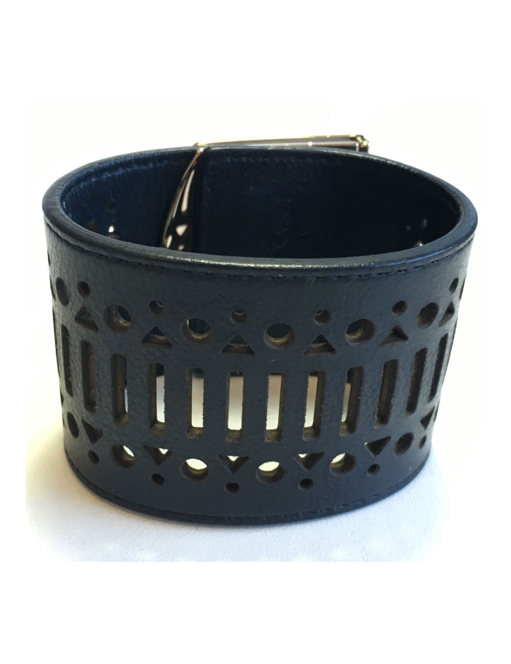 Manchette SERGIO ROSSI en cuir noir et bijouterie argentée