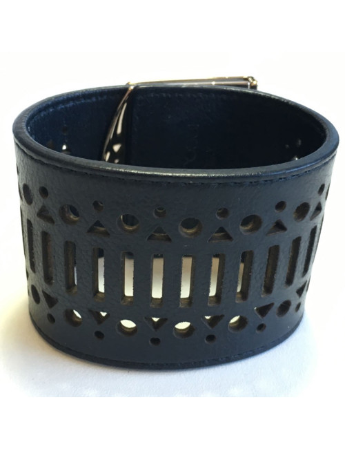 Manchette SERGIO ROSSI en cuir noir et bijouterie argentée