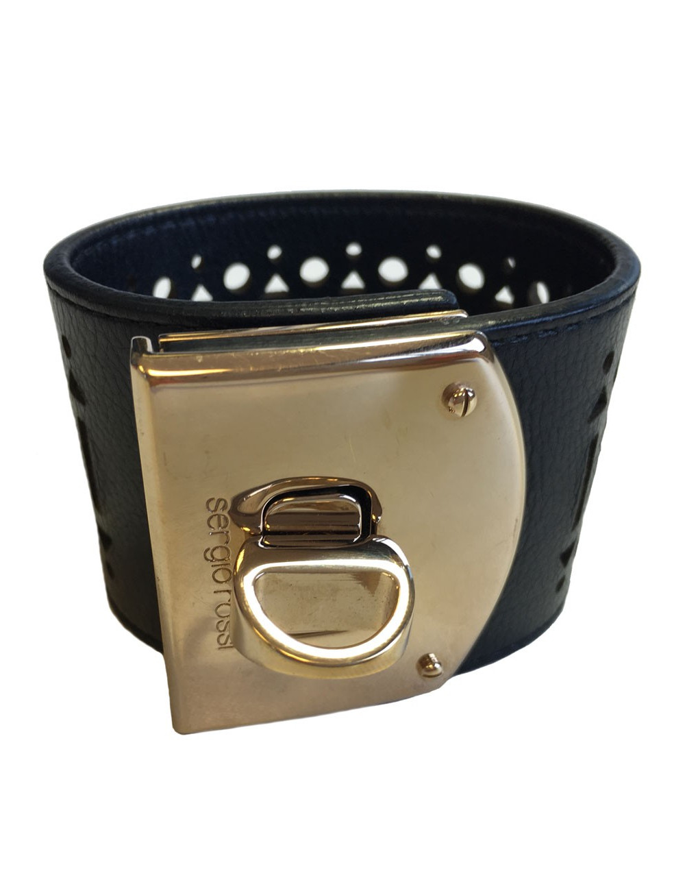 Manchette SERGIO ROSSI en cuir noir et bijouterie argentée