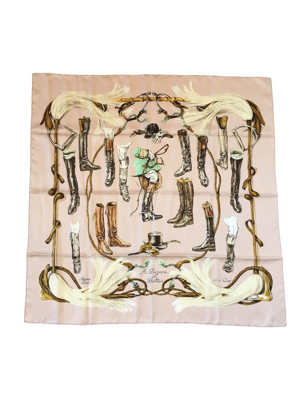 Carré HERMES "A propos de Bottes" en soie rose pâle