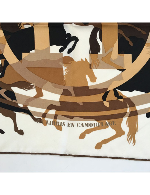 Hermès "Ex Libris in Camouflage" in white and Brown silk