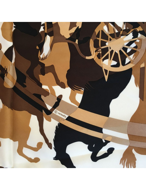 Hermès "Ex Libris in Camouflage" in white and Brown silk