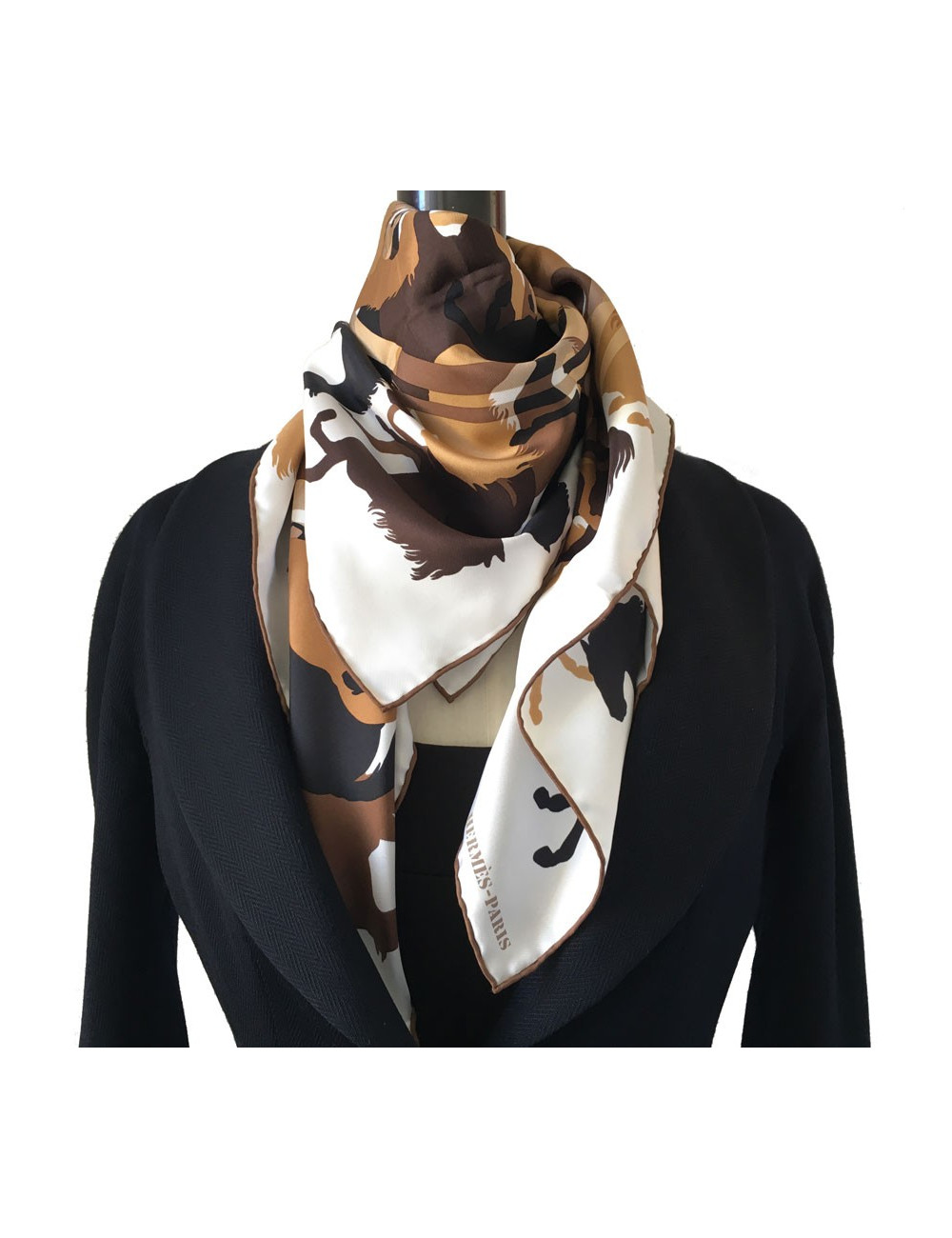 Hermès "Ex Libris in Camouflage" in white and Brown silk