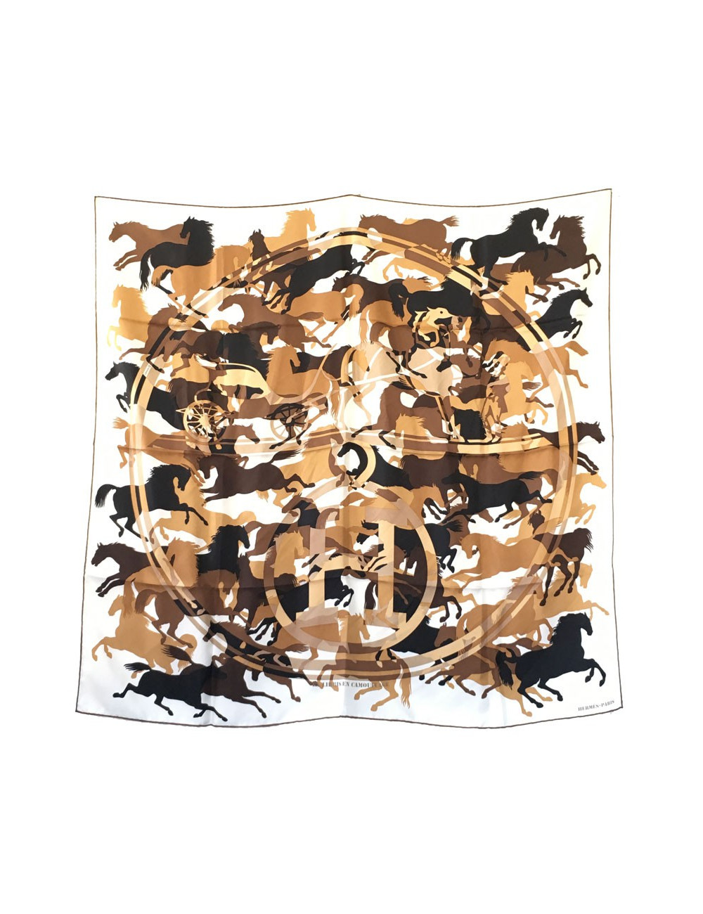 Hermès "Ex Libris in Camouflage" in white and Brown silk