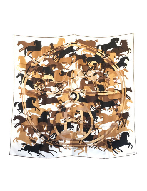 Carré HERMES "Ex Libris en Camouflage" en soie blanche et marron