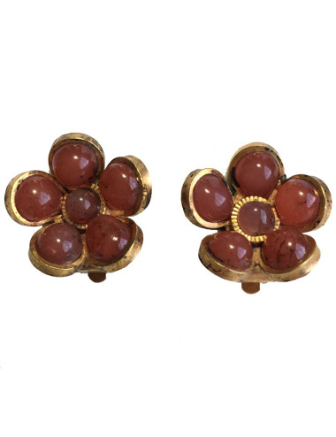 Boucles d'oreille Clips MARGUERITE de VALOIS fleurette en pâte de verre couleur vieux rose 2