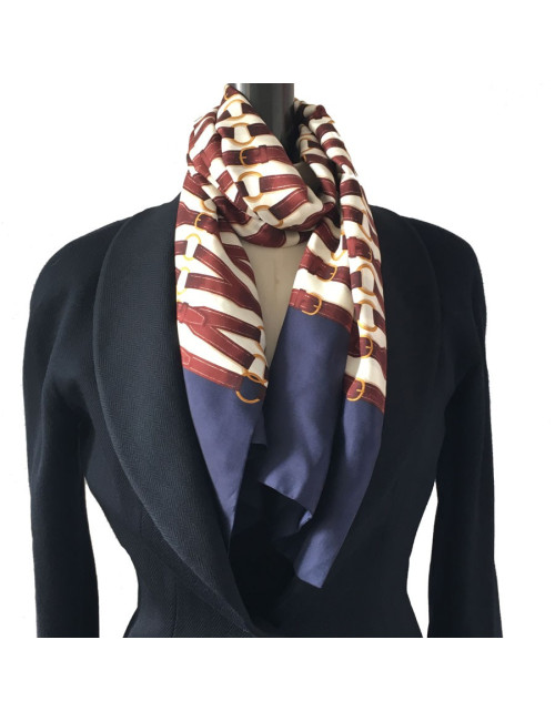 Ivory, Maroon and blue silk HERMES scarf