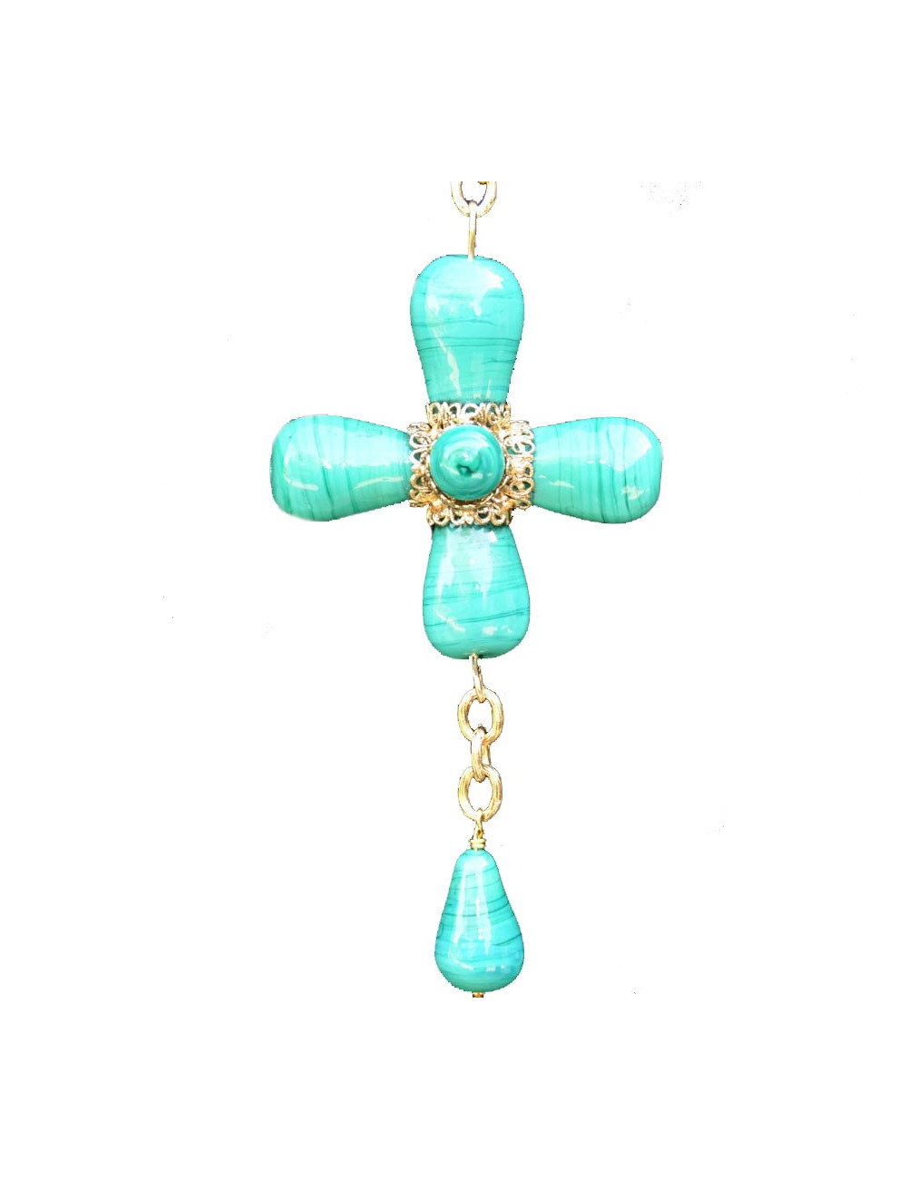 Collier Croix MARGUERITE DE VALOIS pâte de verre vert jade