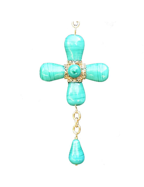 Collier Croix MARGUERITE DE VALOIS pâte de verre vert jade