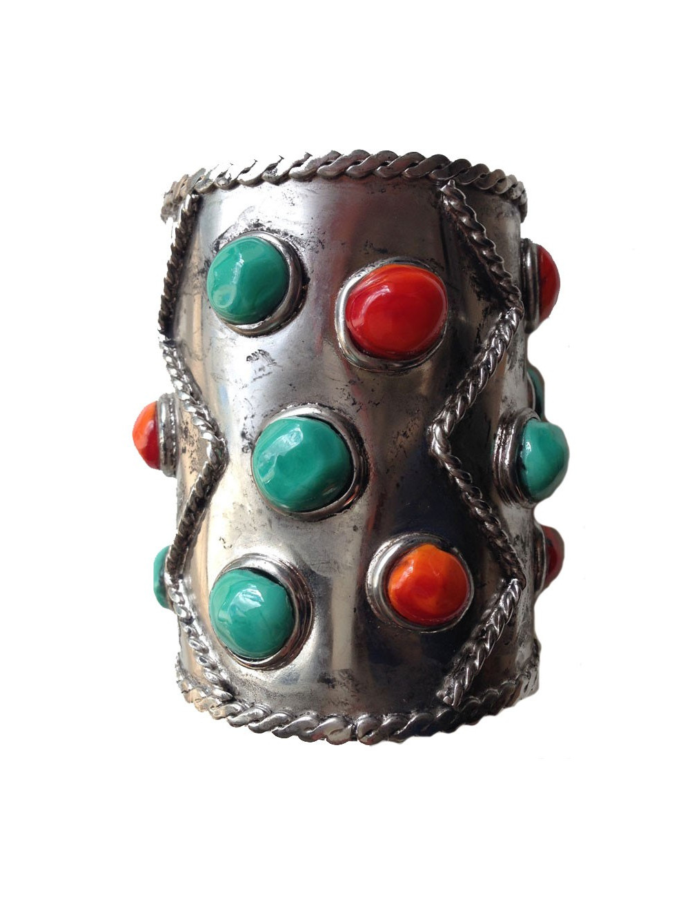 Manchette corail et turquoise MARGUERITE DE VALOIS cabochons pâte de verre et métal argenté
