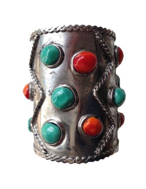 Manchette corail et turquoise MARGUERITE DE VALOIS cabochons pâte de verre et métal argenté