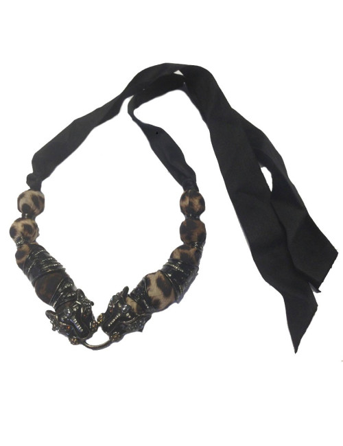 collier LANVIN tête de tigre en résine noire et strass