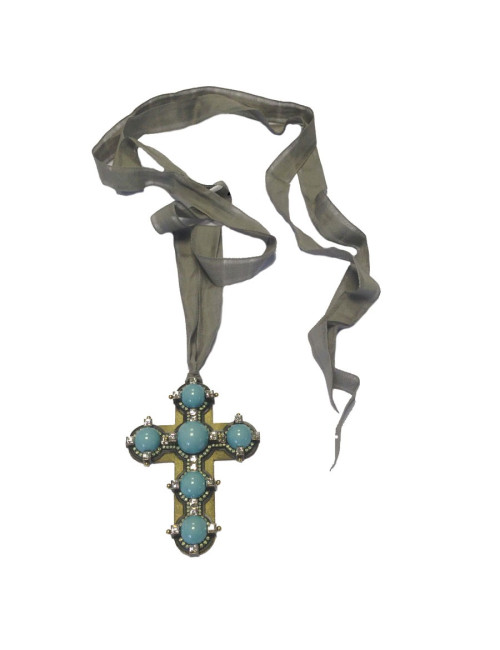 Collier LANVIN croix turquoise et strass de swarowski