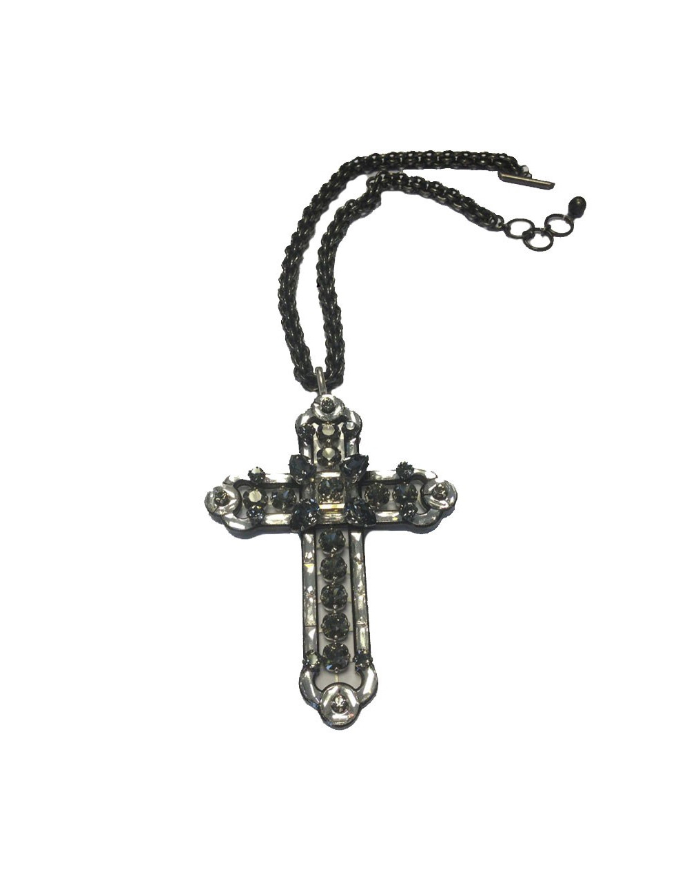 Collier LANVIN croix  XXL en verre et cristaux Swarovski noir et transparent