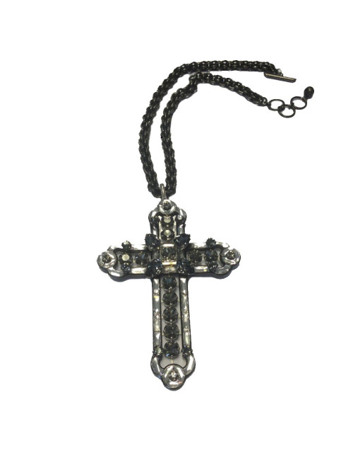 Collier LANVIN croix  XXL en verre et cristaux Swarovski noir et transparent
