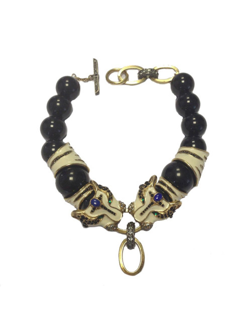 Collier LANVIN tête de tigre en résine ivoire et noire.