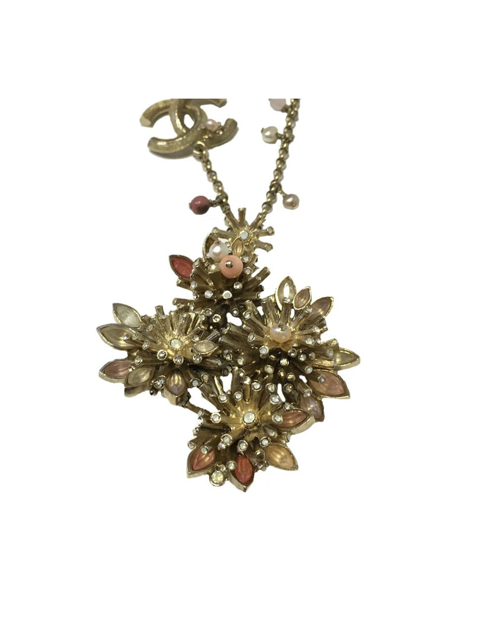  Collier CHANEL en métal doré et pendentif fleur