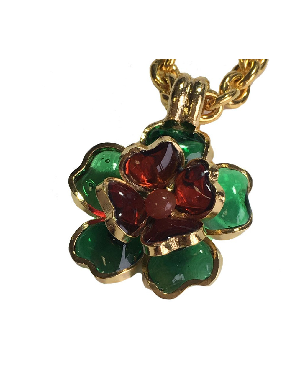 Collier MARGUERITE DE VALOIS fleurette en pâte de verre émeraude et ambre