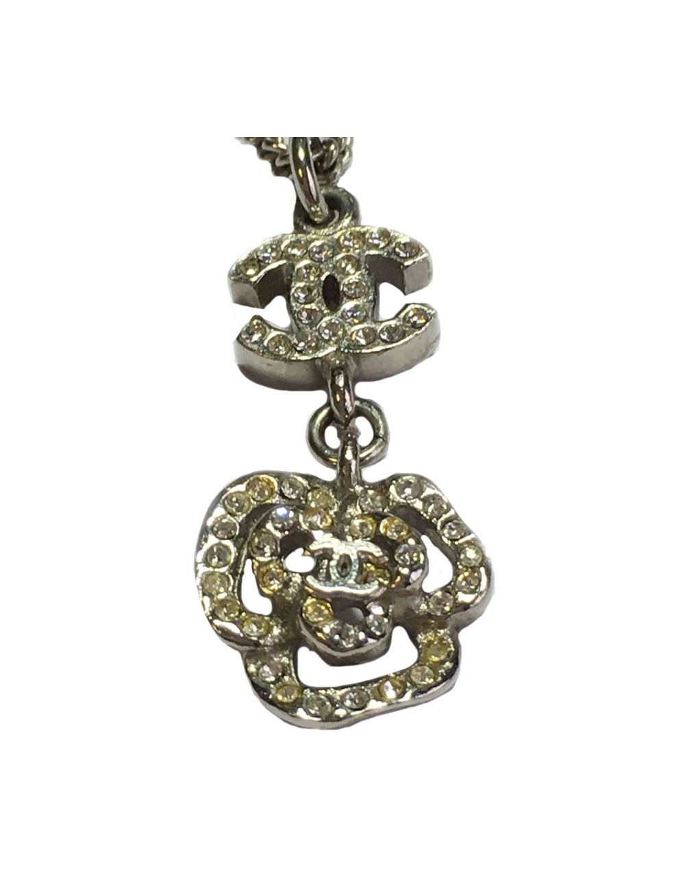 xxx Collier CHANEL en métal argenté et strass