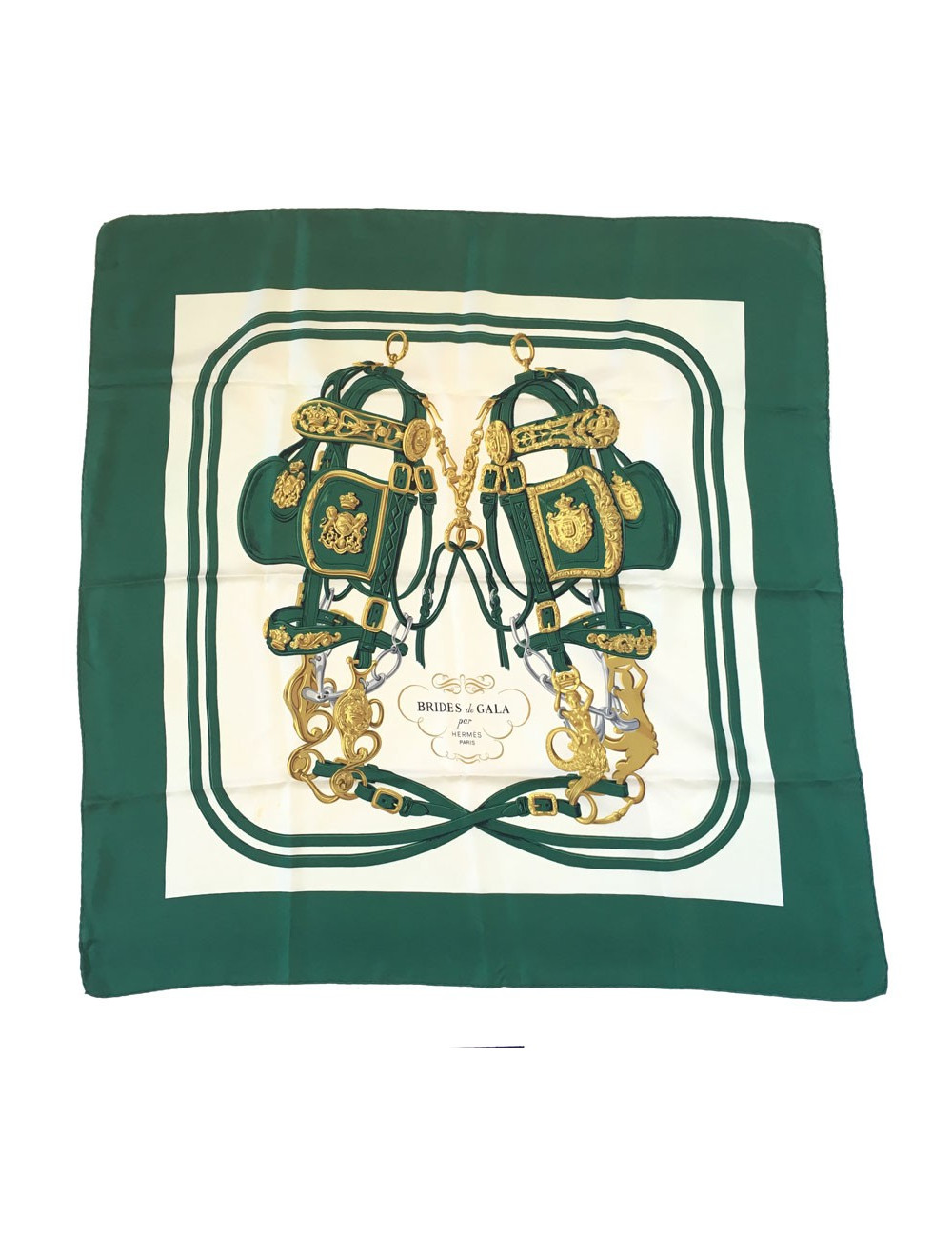 Carré HERMES "Brides de gala" en soie ivoire à bordure verte