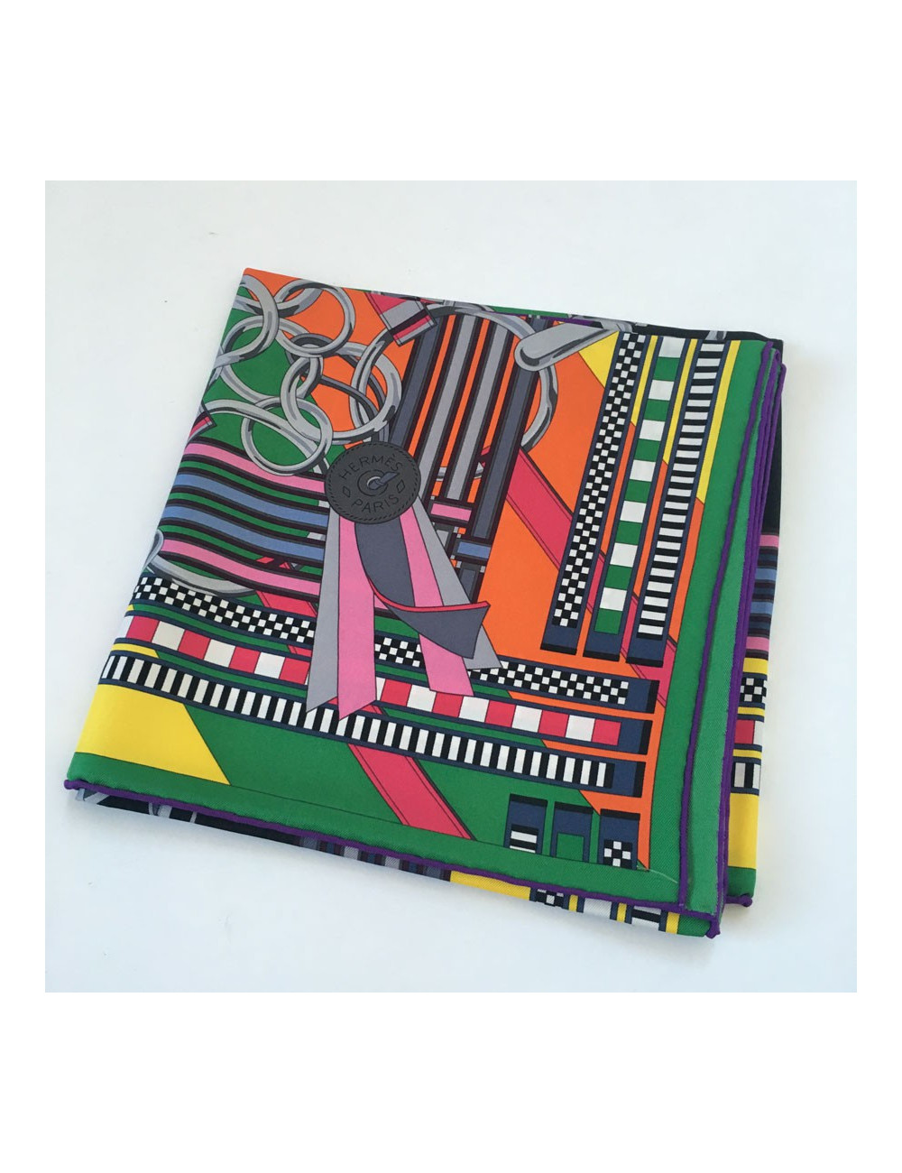 Square HERMES ""Flanges and gris-gris"in black, orange and bright yellow silk"