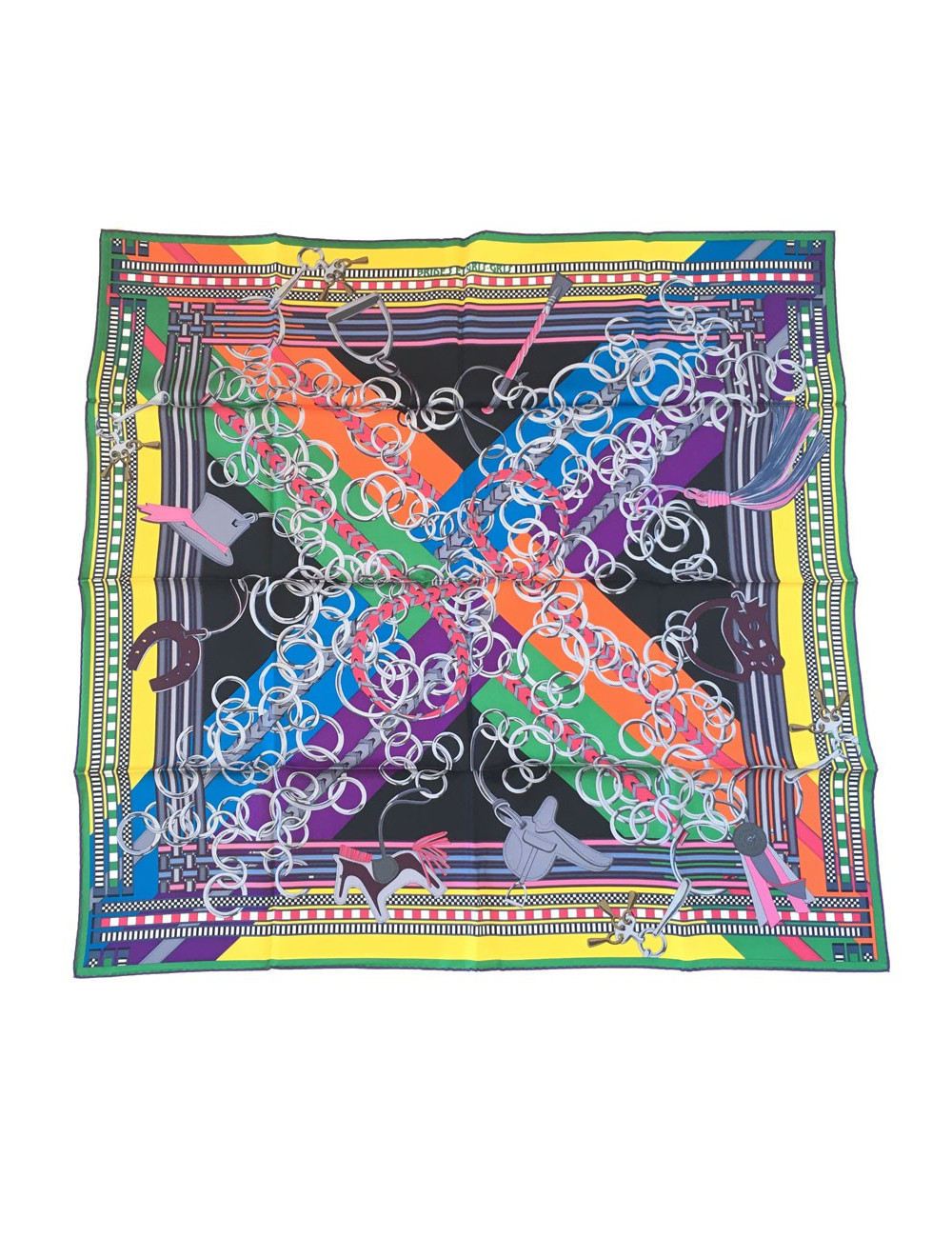 Carré HERMES ""Brides et gris-gris" en soie noir, orange et jaune vif