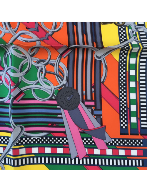 Square HERMES ""Flanges and gris-gris"in black, orange and bright yellow silk"