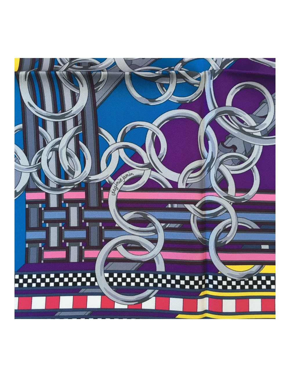 Carré HERMES ""Brides et gris-gris" en soie noir, orange et jaune vif