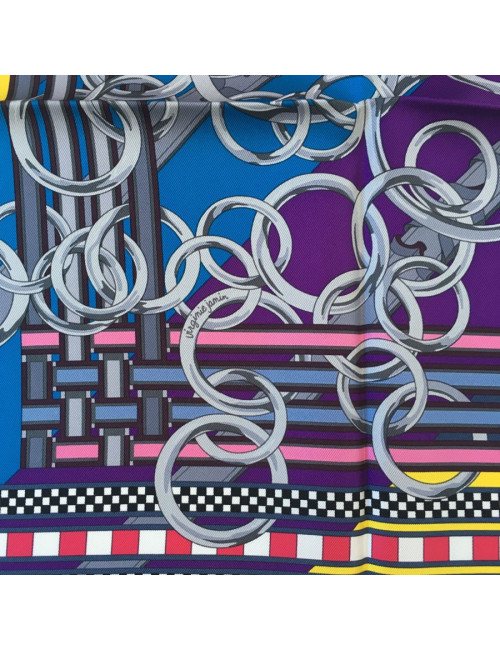 Square HERMES ""Flanges and gris-gris"in black, orange and bright yellow silk"