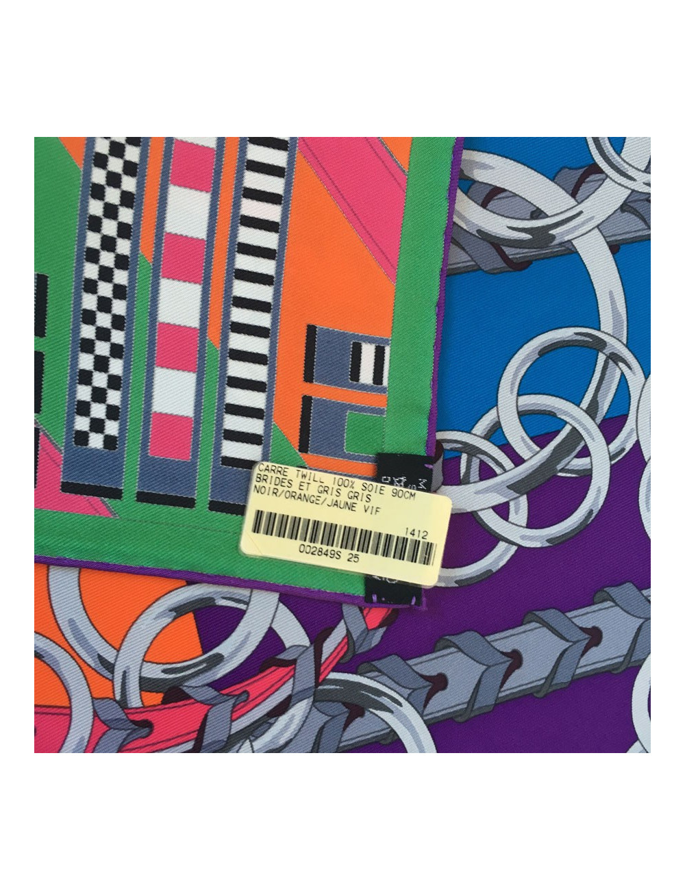 Square HERMES ""Flanges and gris-gris"in black, orange and bright yellow silk"
