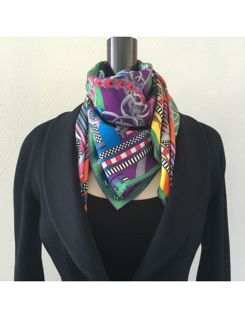 Square HERMES ""Flanges and gris-gris"in black, orange and bright yellow silk"