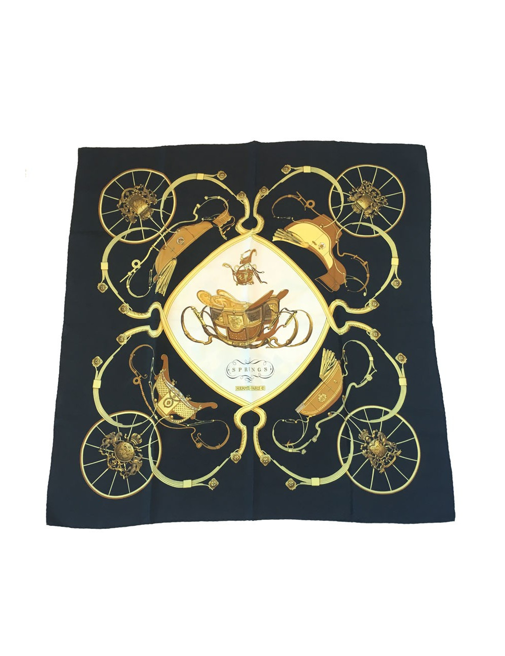 xxx Carré HERMES "Springs" en soie noire et or