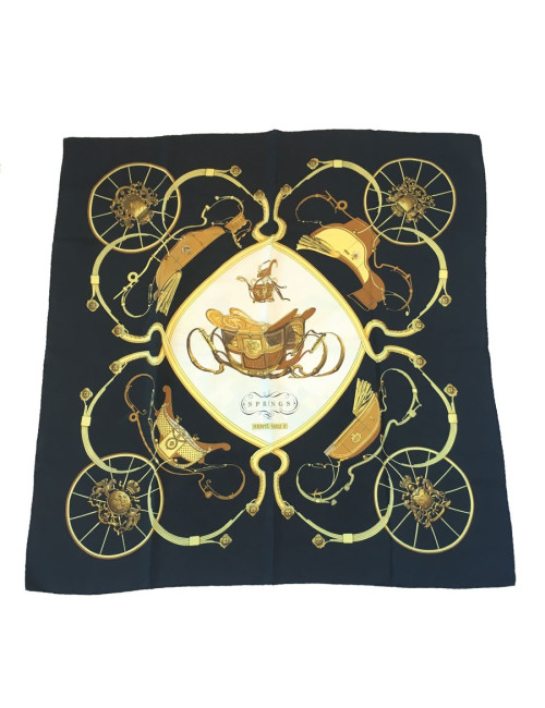 xxx Carré HERMES "Springs" en soie noire et or