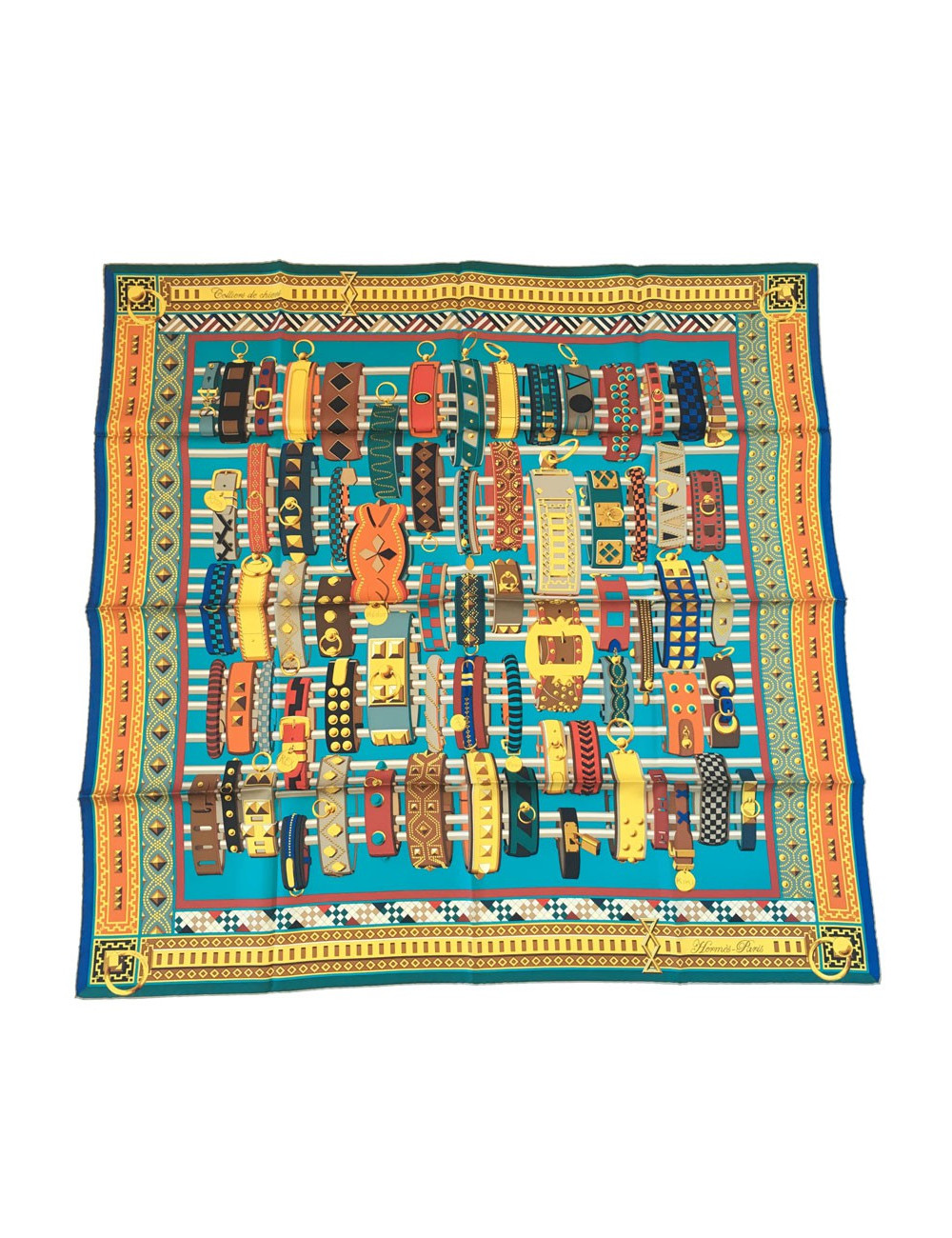 Carré HERMES "Colliers de chiens" en soie multicolore