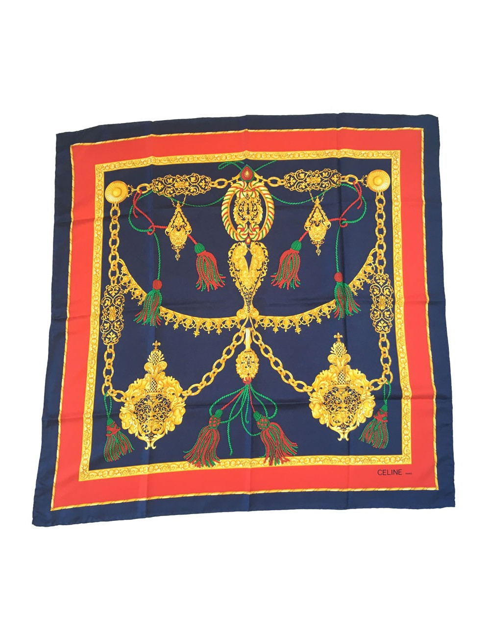 Carré CELINE en soie bleu, or et rouge
