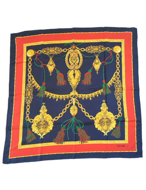 Carré CELINE en soie bleu, or et rouge