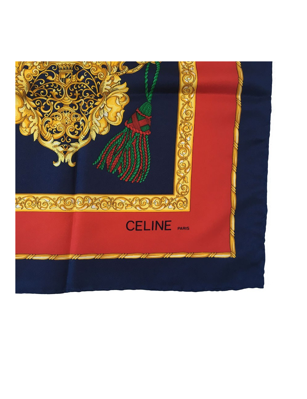 Carré CELINE en soie bleu, or et rouge