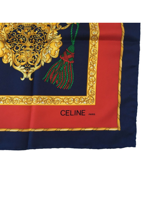 Carré CELINE en soie bleu, or et rouge