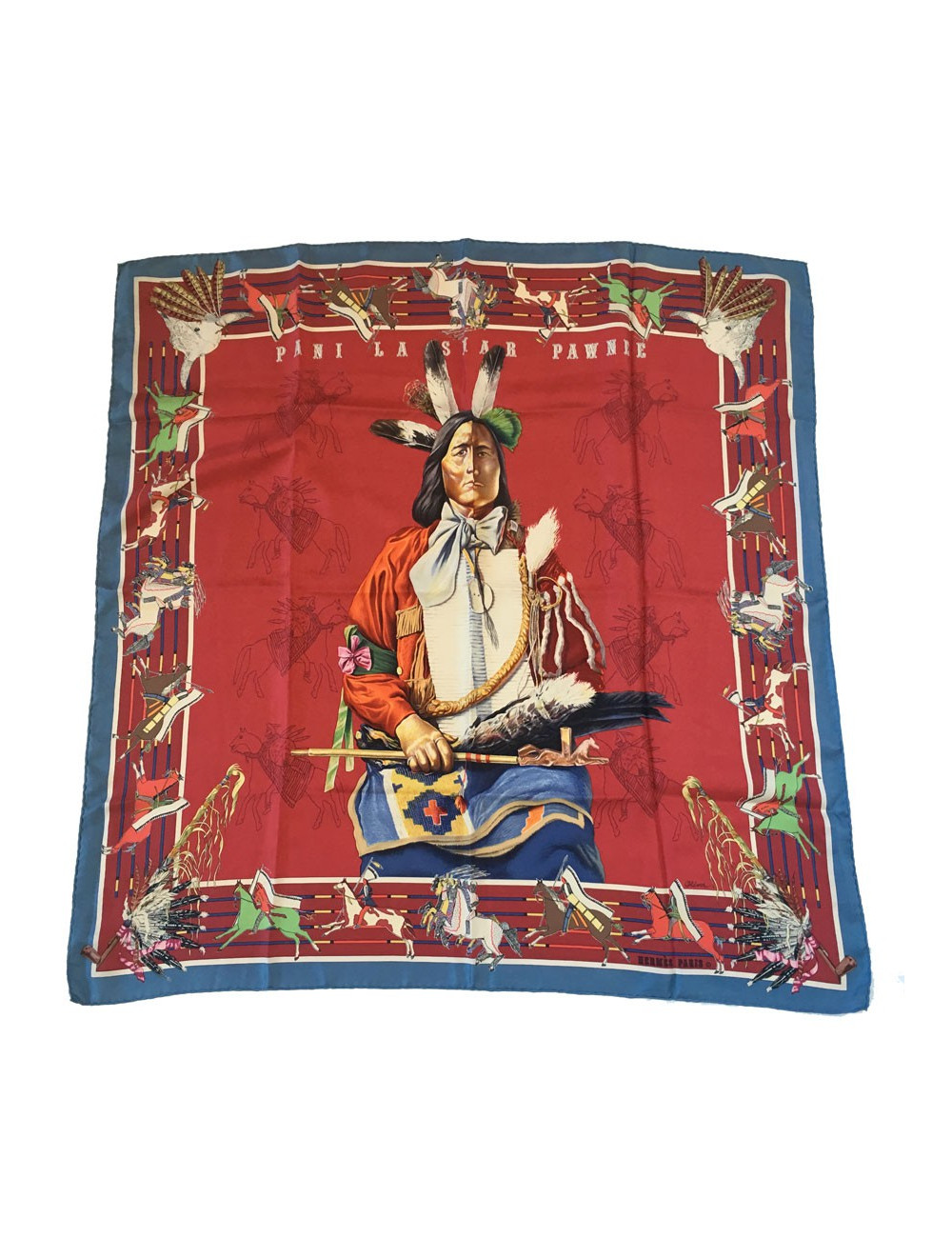 Carré HERMES "Pani Lashar Pawnee en soie rouge et fond multicolore
