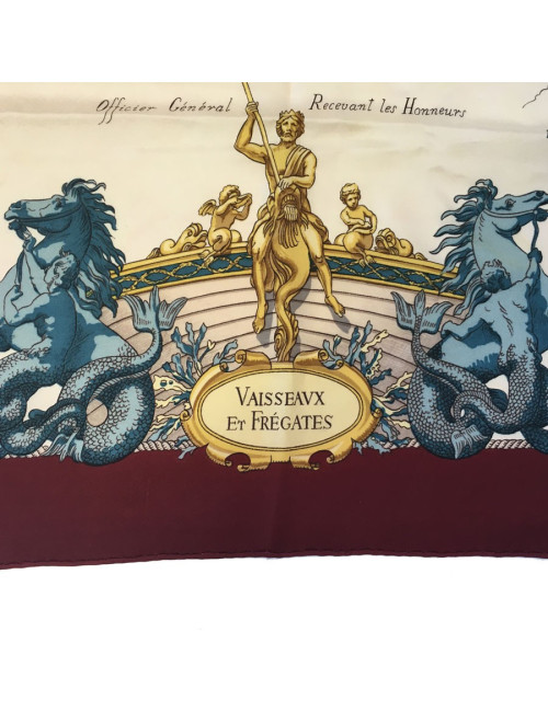 xxx Carré HERMES "Vaisseaux et Frégates" en soie ivoire et bordeaux