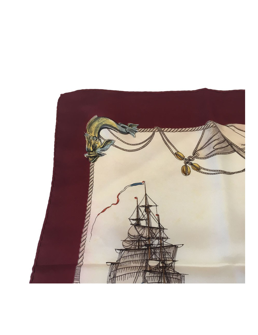 xxx Carré HERMES "Vaisseaux et Frégates" en soie ivoire et bordeaux