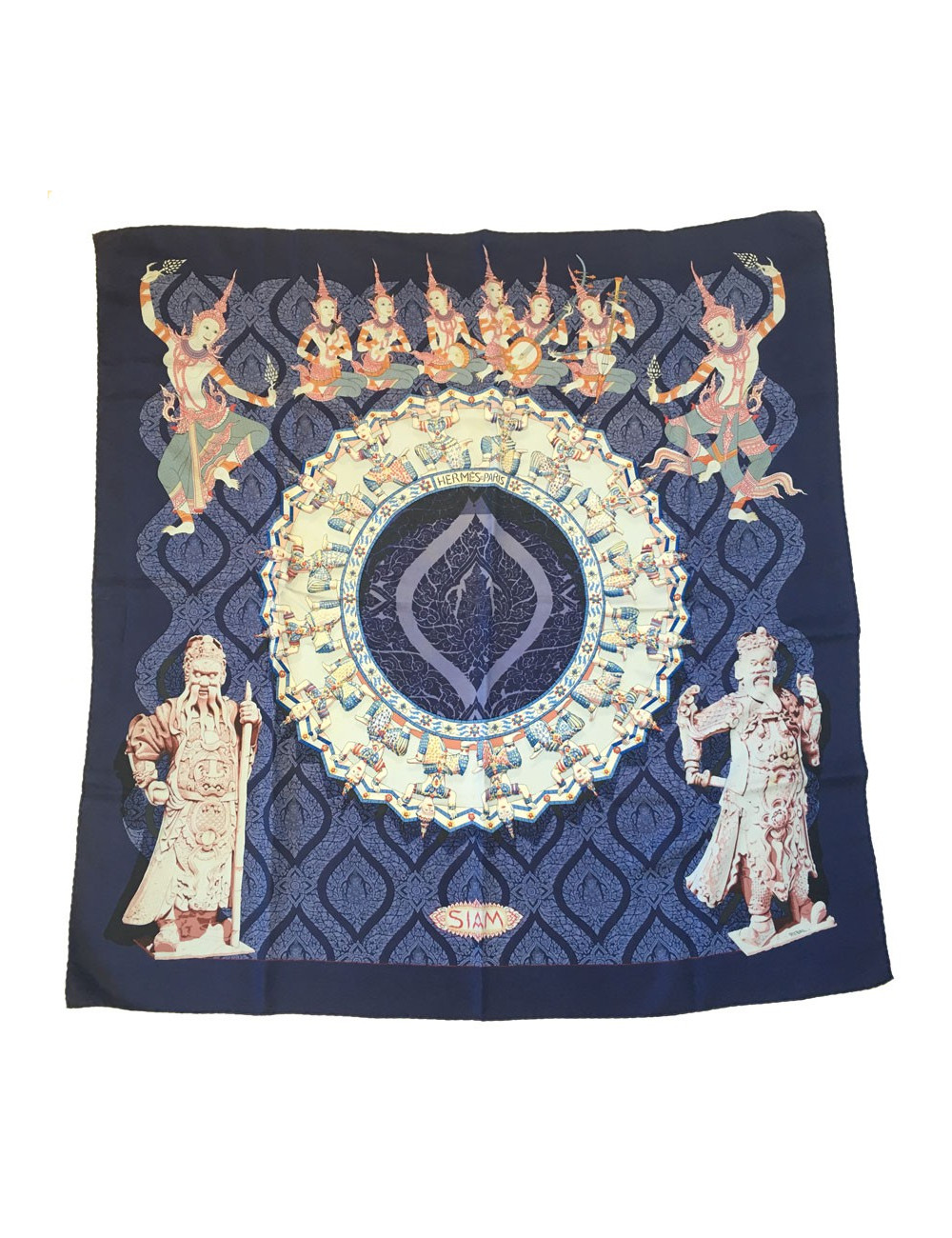 Carré HERMES "SIAM" en soie bleue nuit